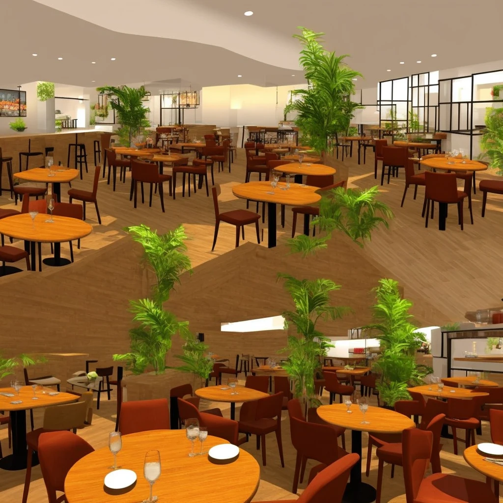 3D graphics, like in a game Interior of the restaurant with three columns in the center, a pair of large tables with soft chairs in light colors and wooden floor and a bar with plants 