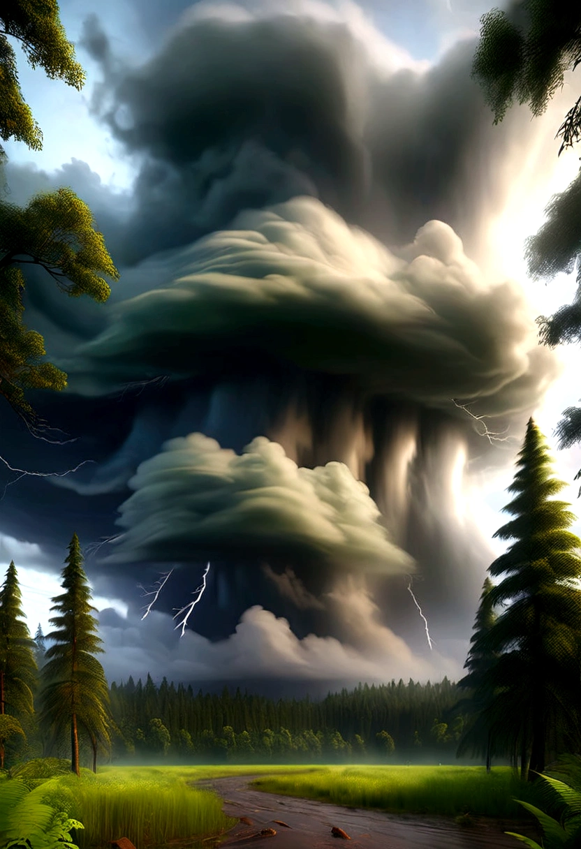 A powerful storm with heavy rain and wind, trees falling in a dense forest."