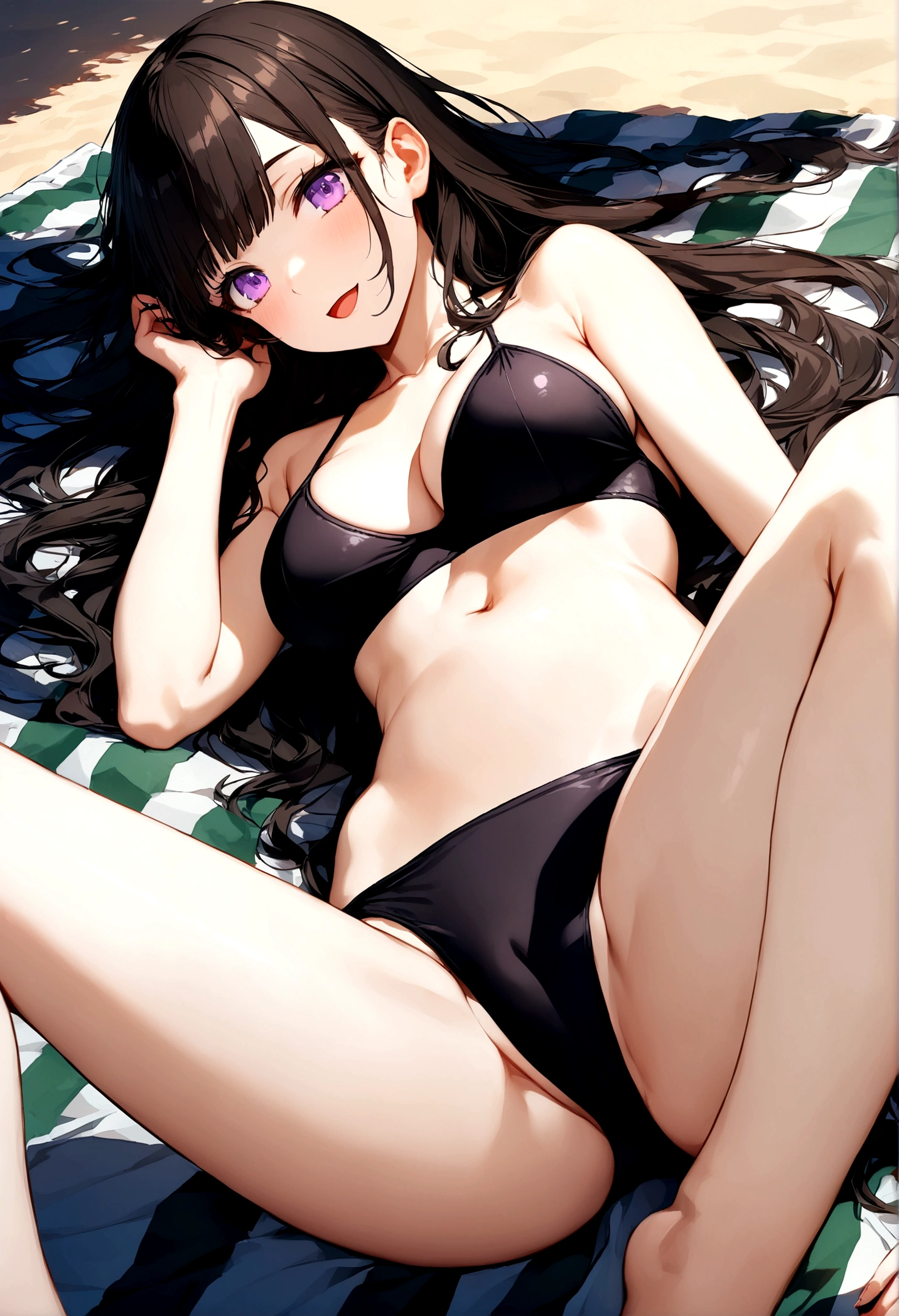 32k, best quality, ultra high res, HDR, UHD, extremely detailed CG, unity 32k wallpaper, very cute, -yeld gi 1 person, Purple eyes, ((black competitive swimsuit)), Beach, black long hair, (large breasts), (Laugh shyly), ((Lie down on a picnic sheet)), (((Spread your legs wide))), 