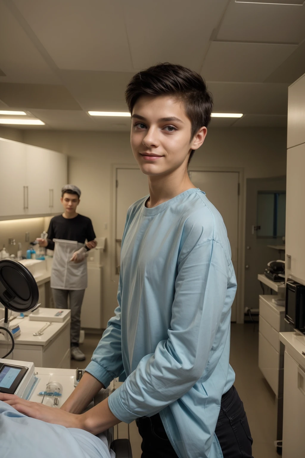 A beautiful young male twink with a make-up face. He is wearing a long-sleeved aquamarine shirt and black jeans. He is in the operating room, and behind him is a medical monitor and medical devices for the brain. He looks proudly with black hair as he performs brain surgery.