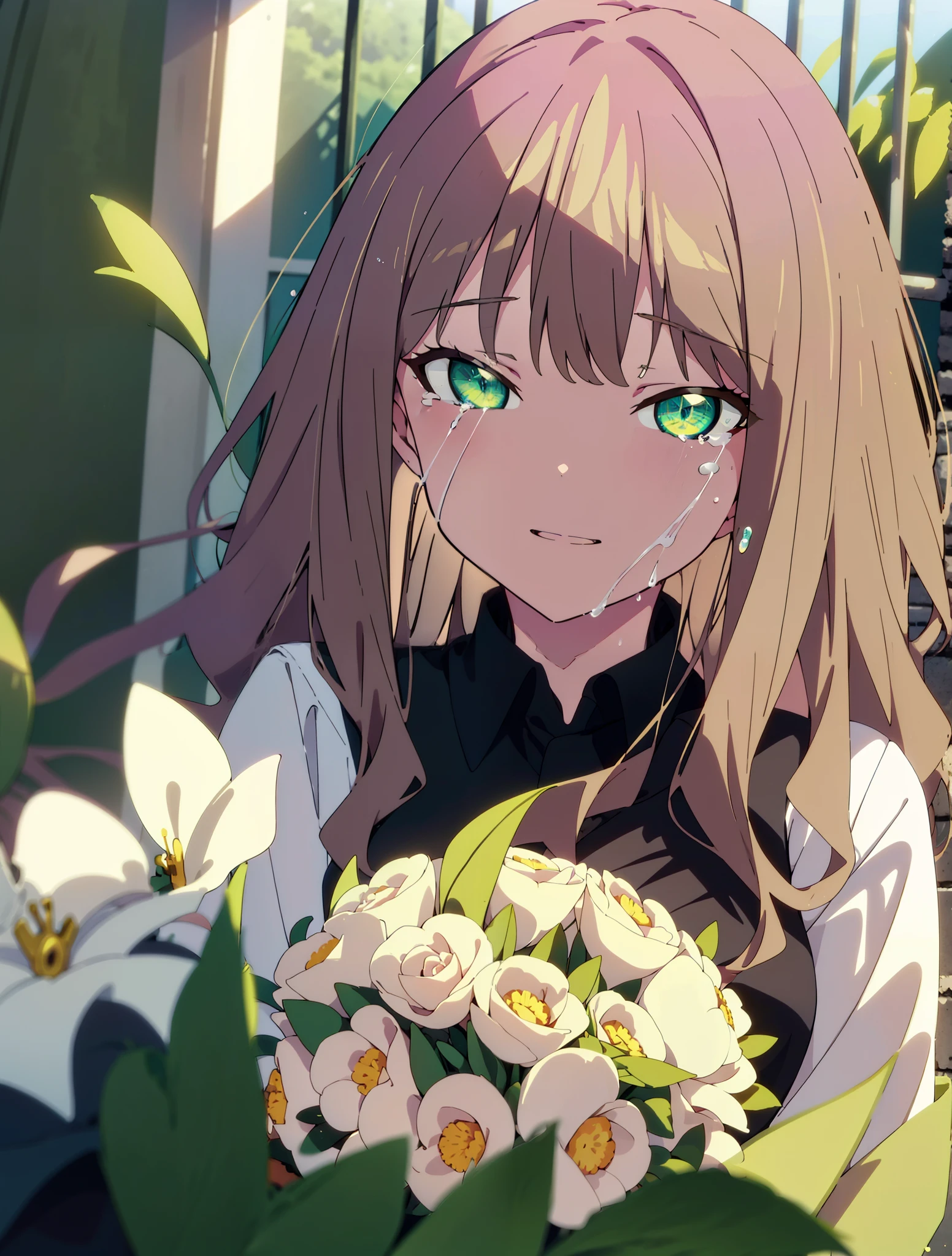 minami yume ,sss Dynazenon ,Long Hair, Brown Hair, (Green Eyes:1.5) ,smile,Wedding dress,Wedding Skirts,holding a large bouquet of flowers in both hands,Tears stream down her face,Tears of joy,I cry a lot,Stand Glass,
break outdoors, Association,Chapel,
break looking at viewer, whole body,(Cowboy Shot:1. 5) ,
break (masterpiece:1.2), Highest quality, High resolution, unity 8k wallpaper, (shape:0.8), (Beautiful and beautiful eyes:1.6), Highly detailed face, Perfect lighting, Highly detailed CG, (Perfect hands, Perfect Anatomy),