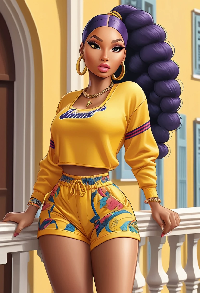 Singer Nicki Minaj body with curves hair with braids fashionable color yellow costume shorts NBA Basketball team shirt on the balcony of luxury house Painting vector art,cartoon with details.