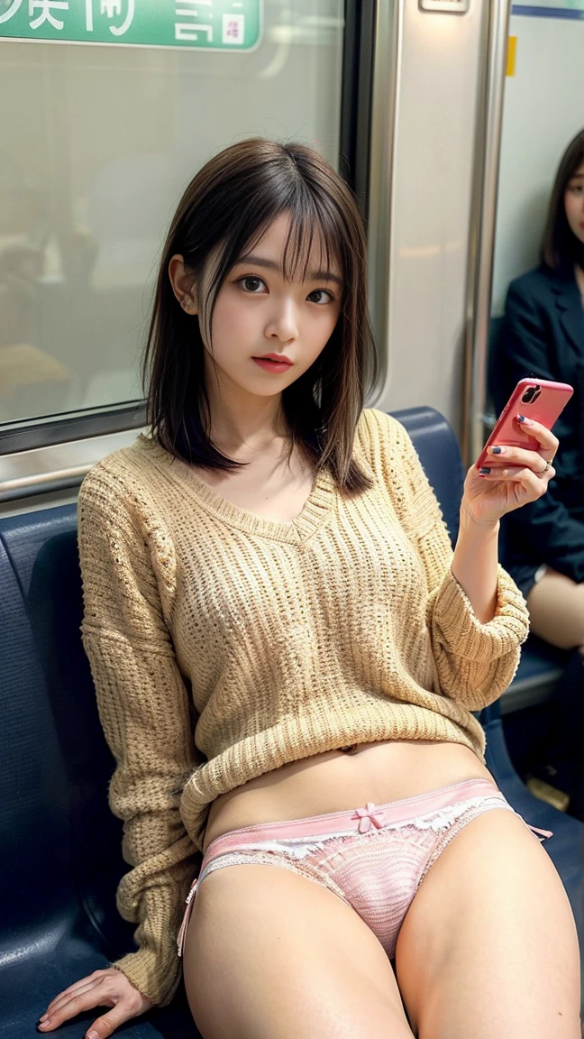 8K, RAW Portrait (Japanese women),masterpiece、PhotoRealistic:1.3、Realistic, Ultra-high resolution, Highest quality, Real Life Photos ,( in the evening :1.1),(((Showing panties:1.4)))、((Visible panties:1.4))、((A girl sitting on a train seat on the Yamanote Line and looking at her smartphone))、((((1 Girl:1.5)))), (((電車内でスカートをたくし上げてShowing panties18歳成人女子:1.4)))、(Cute face:1.3)、Japanの1 Girl,((Japan&#39;Most popular female employees))、((Navy blue checkered uniform skirt and light blue short-sleeved blouse))、((Japanese High School Uniform:1.6))、Black short bob hair、(Written boundary depth:1.3)、 ((Dark brown eyes:1.2))、(Real skin texture:1.3)、(Immersive atmosphere:0.8、Chiaroscuro:1.2) 、(Look Viewer:1.3)、((Expressionless:1.3))、((Red cheeks:1.1))、((She is so small, Realistic, Colorful panties made of lace.))、((Showing panties:1.4))、((A woman rolling up her skirt))、((Emphasize panties))、The cutest girl in the world、((Spread your legs out to the side:1.4))、Detailed panties pattern、Panty Focus、