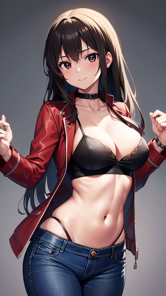 1 girl 20 years old, long red hair, (black eyes:1.5), pink cheeks, BREAK confident smile, confident face, confident expression, Acceptable, BREAK (masterpiece:1.2), Best quality, resolution high award, enhanced details, perfect image quality, standing, encouraging, seductive, perfect figure, (red-black jacket:1.5), (corp top:1.5), (jeans:1.5), upper body, blush, blush stickers, cleavage, collarbone, duel monster, pentacle, BREAK looking at viewer, BREAK outdoors, high resolution, unity 8k wallpaper, (illustration:0.8), (beautiful detailed eyes:1.6), extremely detailed face, perfect lighting, extremely detailed CG, (perfect hands, perfect anatomy), BREAK exposed navel,