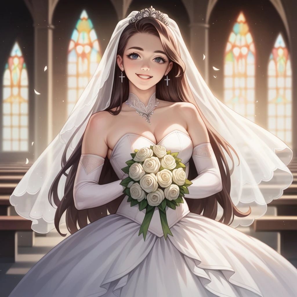(best quality, masterpiece:1.2), (realistic:1.3),, (ultra-detailed background, detailed background), bokeh,, , gorgeous prom dresses, luxury prom dresses, wedding dress, bridal veil, bridal gauntlets, bridal cascading bouquet,, upper body,, wedding at church,, , 1girl, cute, teenage, posing, smiling,, dynamic angle, dynamic pose,, , very long hair