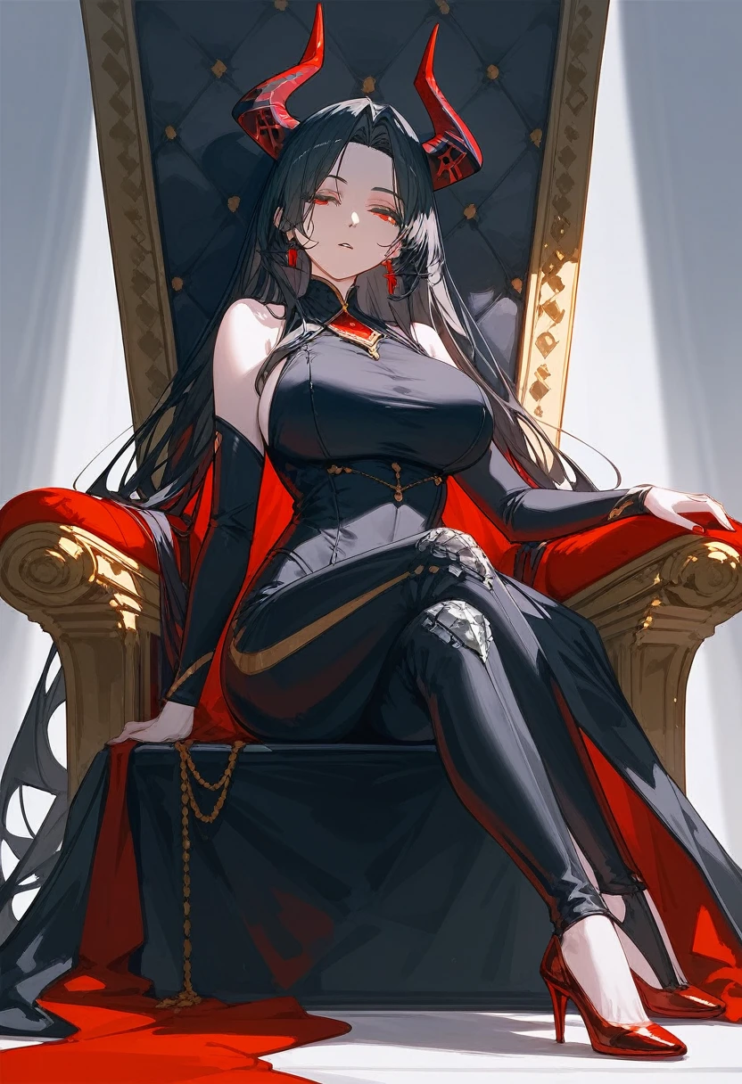masterpiece, Score_9, Score_8_up, Score_7_up, front view, 1 woman, alone, black hair with red, long hair, parted bangs, dark red eyes, half-closed eyes, parted lips, expressionless, pale skin, large breasts, body suit, black bottom, best quality, horns up, long open bangs, black sleeveless shirt, black V-neck, red baggy pants, high heels, Sitting on a throne.