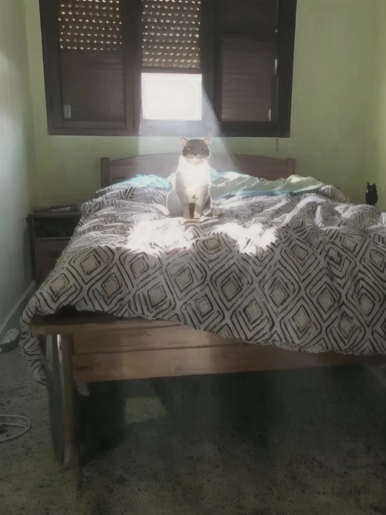 a cat on a bed, sunlight streaming in through window, detailed furred cat, soft bedding, natural lighting, warm tones, cozy atmosphere, photorealistic, 8k, high resolution, realistic, hyper detailed, masterpiece