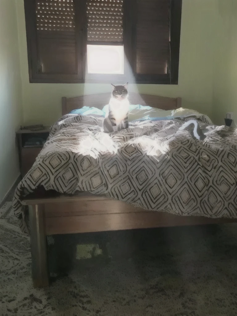 a cat on a bed, sunlight streaming in through window, detailed furred cat, soft bedding, natural lighting, warm tones, cozy atmosphere, photorealistic, 8k, high resolution, realistic, hyper detailed, masterpiece