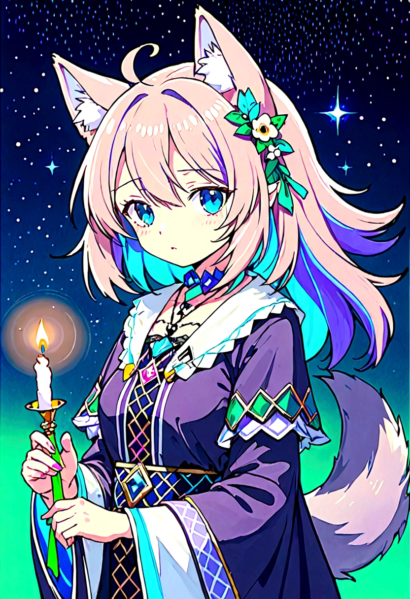 Wolf girl with ears, wolf tail with purple hair, holding a glowing candle, with blue background mixed with green and purple