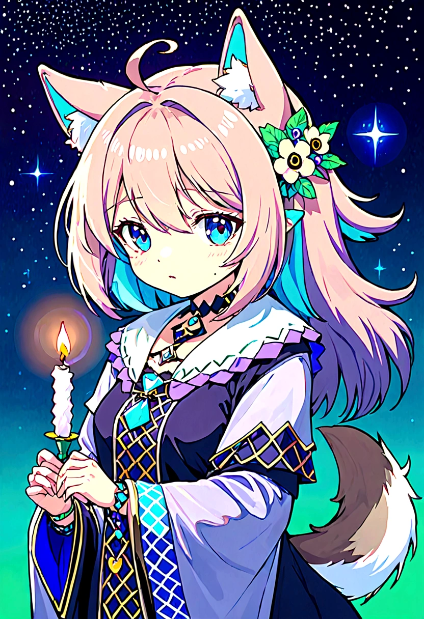 Wolf girl with ears, wolf tail with purple hair, holding a glowing candle, with blue background mixed with green and purple