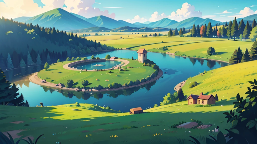 landscape image, a beautiful crescent shaped lake with a city in the center of the crescent, tall mountains in the background, yellow grass in the fields around the lake