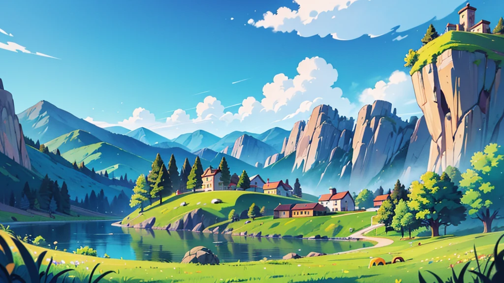 landscape image, a beautiful crescent shaped lake with a city in the center of the crescent, tall mountains in the background, yellow grass in the fields around the lake
