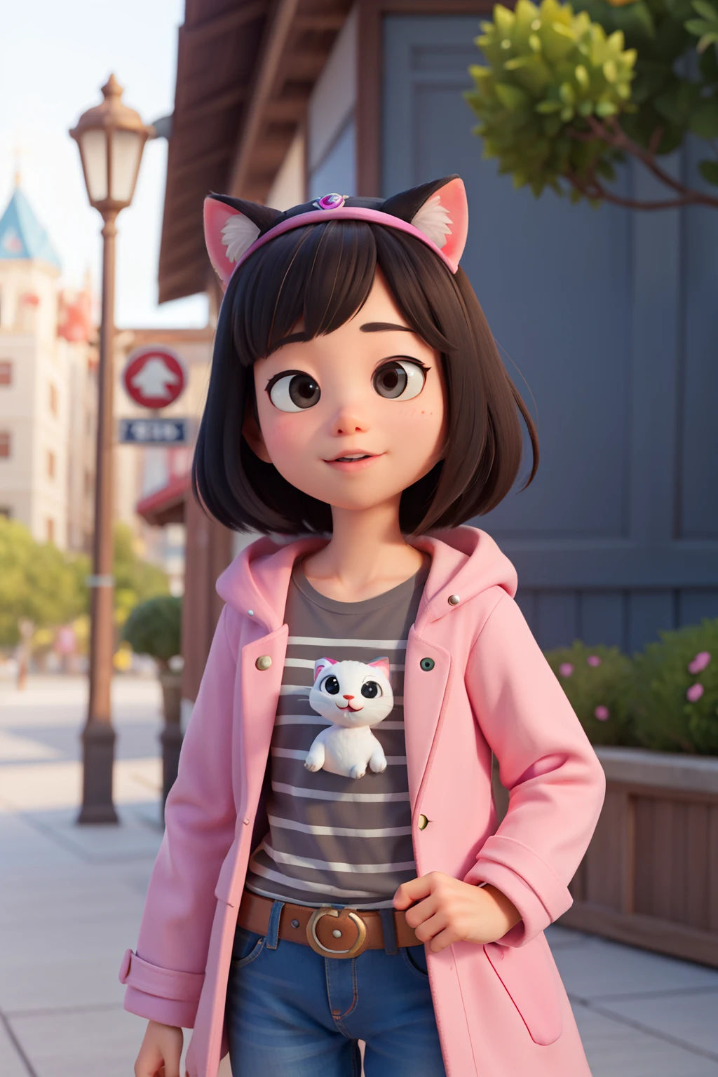 (disney pixar cartoon), Asian , Bblack hair, brown dark eyes, white and black striped t-shirt, pink coat, white kitty ear tiara, face image