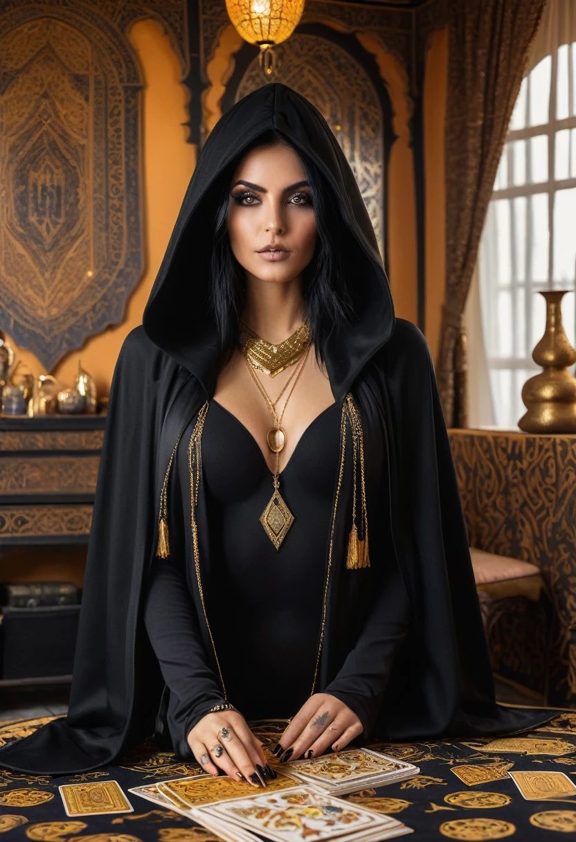 witch of the desert in the arabian room, black long cape with a hood reaching to the eyes, golden eyes, black hair, black outfit, eye tattoo under collarbone, gold jewelry, full length, fortune telling cards in hand