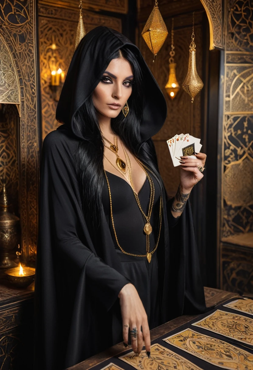 witch of the desert in the arabian room, black long cape with a hood reaching to the eyes, golden eyes, black hair, black outfit, eye tattoo under collarbone, gold jewelry, full length, fortune telling cards in hand