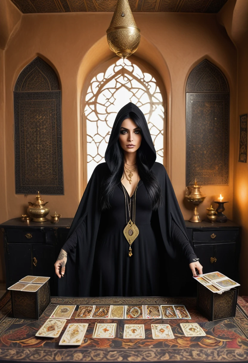 witch of the desert in the arabian room, black long cape with a hood reaching to the eyes, golden eyes, black hair, black outfit, eye tattoo under collarbone, gold jewelry, full length, fortune telling cards in hand
