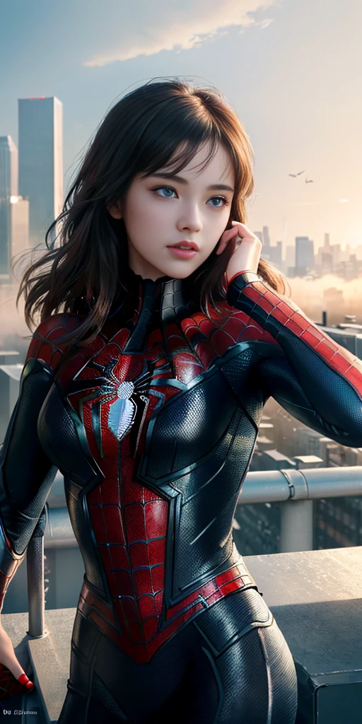 (1girl:1.3), Solo, (((Very detailed face)))), ((Very detailed eyes and face)))), Beautiful detail eyes, Body parts__, Official art, Unified 8k wallpaper, Super detailed, beautiful and beautiful, beautiful, masterpiece, best quality, original, masterpiece, super fine photo, best quality, super high resolution, realistic realism, sunlight, full body portrait, amazing beauty, dynamic pose, delicate face, vibrant eyes, (from the front), She wears Spider-Man suit, red and black color scheme, spider, very detailed city roof background, rooftop, overlooking the city, detailed face, detailed complex busy background, messy, gorgeous, milky white, highly detailed skin, realistic skin details, visible pores, clear focus, volumetric fog, 8k uhd, DSLR, high quality, film grain, fair skin, photo realism, lomography, futuristic dystopian megalopolis, translucent