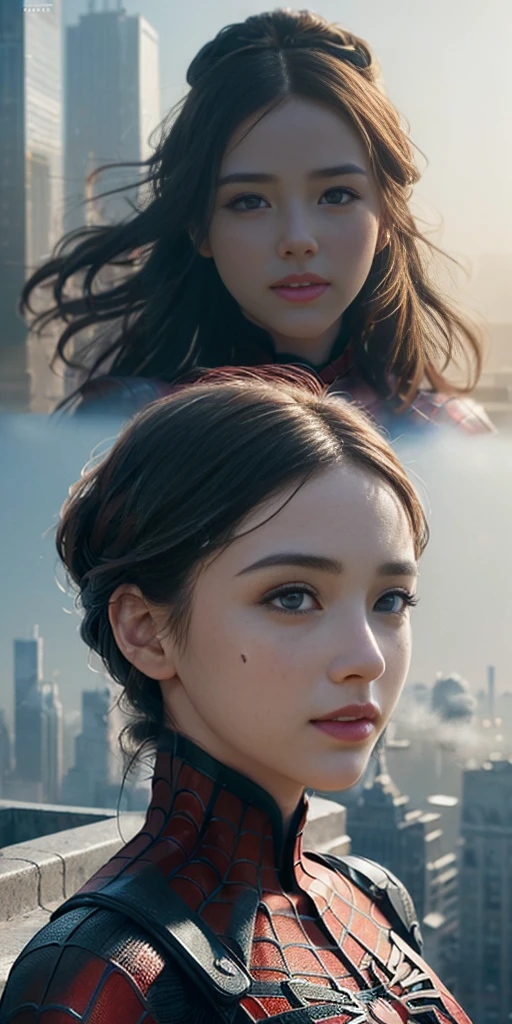 (1girl:1.3), Solo, (((Very detailed face)))), ((Very detailed eyes and face)))), Beautiful detail eyes, Body parts__, Official art, Unified 8k wallpaper, Super detailed, beautiful and beautiful, beautiful, masterpiece, best quality, original, masterpiece, super fine photo, best quality, super high resolution, realistic realism, sunlight, full body portrait, amazing beauty, dynamic pose, delicate face, vibrant eyes, (from the front), She wears Spider-Man suit, red and black color scheme, spider, very detailed city roof background, rooftop, overlooking the city, detailed face, detailed complex busy background, messy, gorgeous, milky white, highly detailed skin, realistic skin details, visible pores, clear focus, volumetric fog, 8k uhd, DSLR, high quality, film grain, fair skin, photo realism, lomography, futuristic dystopian megalopolis, translucent