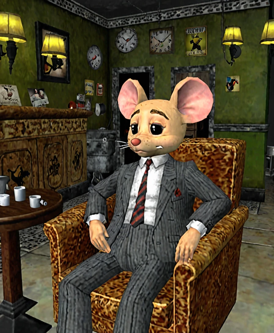 A sad, melancholic, little mouse dressed in a suit and tie, gangster style, smoking a cigarette, Sitting in an armchair in a 1950s pub, noir atmosphere, Playstation 1 Graphics, PS1 Game, low poly, playstation 1 still