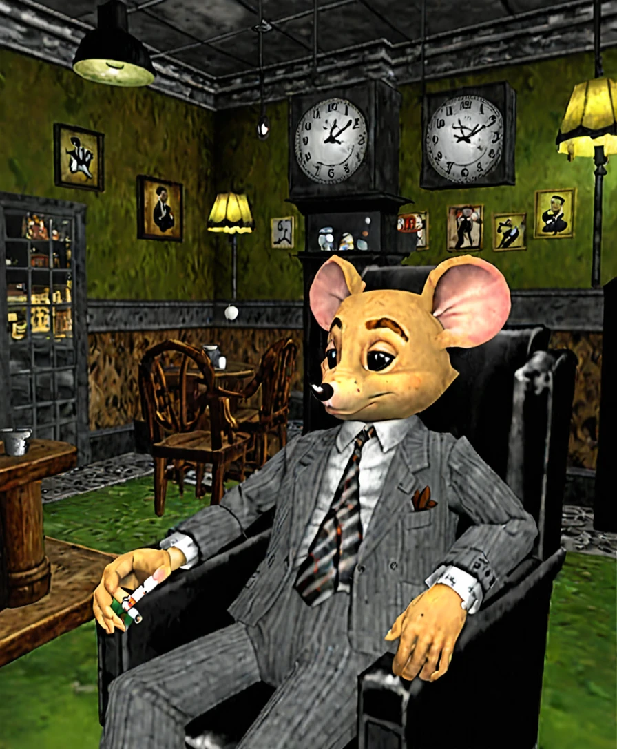 A sad, melancholic, little mouse dressed in a suit and tie, gangster style, smoking a cigarette, Sitting in an armchair in a 1950s pub, noir atmosphere, Playstation 1 Graphics, PS1 Game, low poly, playstation 1 still