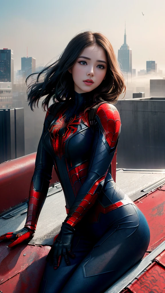 (1girl:1.3), Solo, (((Very detailed face)))), ((Very detailed eyes and face)))), Beautiful detail eyes, Body parts__, Official art, Unified 8k wallpaper, Super detailed, beautiful and beautiful, beautiful, masterpiece, best quality, original, masterpiece, super fine photo, best quality, super high resolution, realistic realism, sunlight, full body portrait, amazing beauty, dynamic pose, delicate face, vibrant eyes, (from the front), She wears Spider-Man suit, red and black color scheme, spider, very detailed city roof background, rooftop, overlooking the city, detailed face, detailed complex busy background, messy, gorgeous, milky white, highly detailed skin, realistic skin details, visible pores, clear focus, volumetric fog, 8k uhd, DSLR, high quality, film grain, fair skin, photo realism, lomography, futuristic dystopian megalopolis, translucent