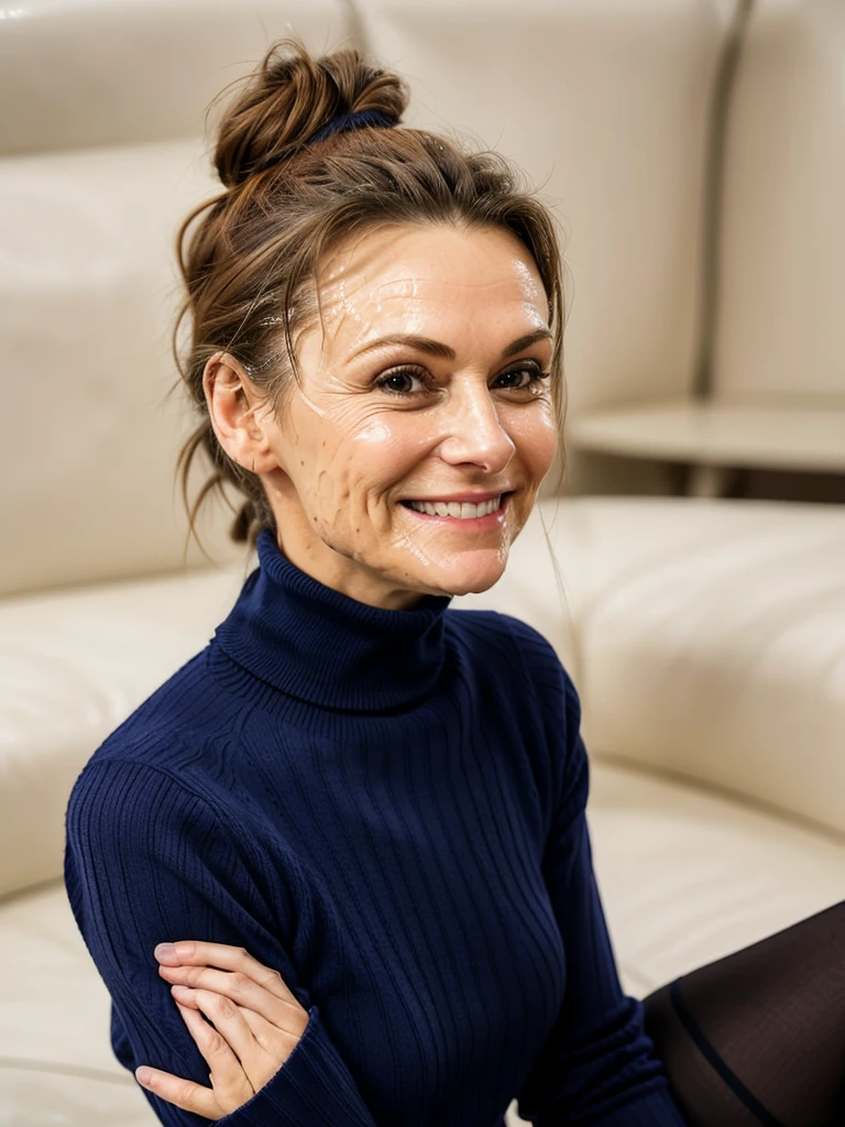 photo of a skinny very old wrinkly-faced faced mature brunette with messy long hair thrown into a messy bun ponytail. She wears: (turtleneck soft high ribbed super tight sweater:1.1), submissive seductive pose, high tight ribbed neck, seductive smile, perfect fake tits, horny eager granny, russian pornstar wife lana roy, drenched in cum, facial, real facial cum