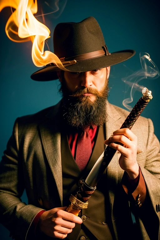 I want to create a hero　I want a foreigner like Marvel who has a beard and smokes. I think the suit should be more natural. The weapon should be a Japanese sword.？
A more stylish, handsome man with a cigarette in his mouth and a sword in hand. A gentleman with fire attributes and a Japanese sword.！
In addition to smoking, wear a hat.！