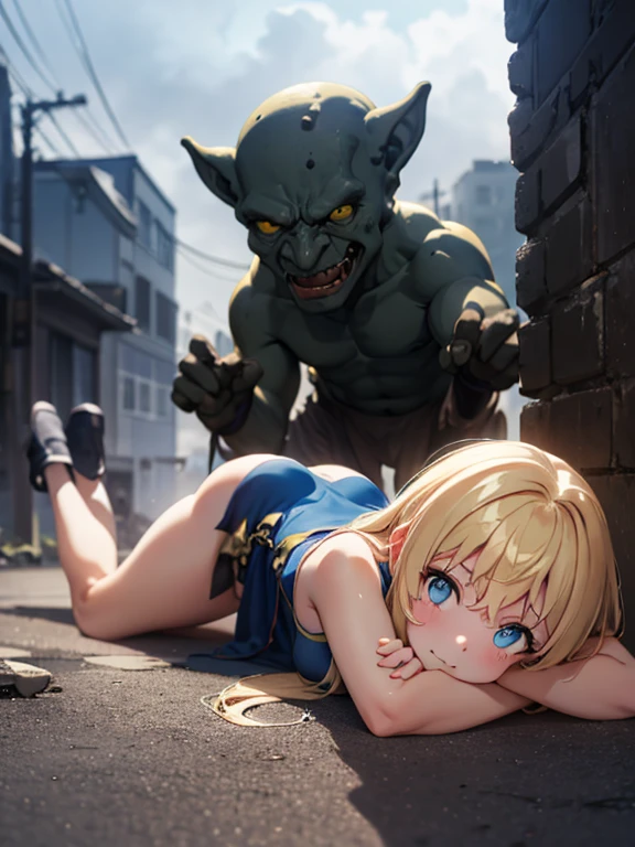 1girl and many goblins (Onna Shinkan) (18 years old hot girl) (girl laying on the ground) girl is laying with goblins ripping her clothes) ((full body)) (Male goblins and white girl) (detailed face) Abandoned city in the background (foggy climate) (detailed face) (confused white girl) (wide angle) (emphasize on face details) (foggy climate with dark clouds, (Lust full orc) (white scared pretty girl) (girl laying)(full landscape view)