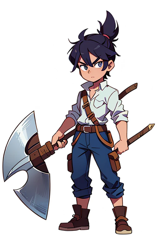 2D character, lumberjack, png, sprite, White background, fully body, grown-up, with an ax in hand, villain, Cao Cao