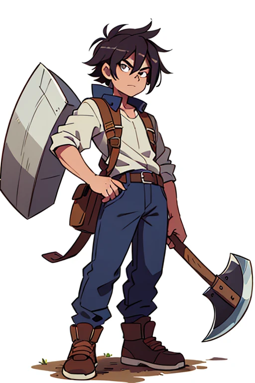 2D character, lumberjack, png, sprite, White background, fully body, grown-up, with an ax in hand, villain, Cao Cao