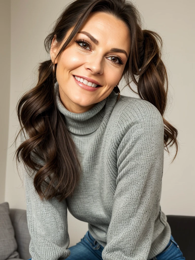 photo of a skinny very old wrinkly-faced faced mature brunette prostitute with fake eyelashes and plump-enhanced lips, messy long hair thrown into a messy bun ponytail. She wears: (turtleneck soft high ribbed desinger super tight sweater:1.1), submissive seductive pose, high tight ribbed neck, seductive smile, perfect fake tits, horny eager granny, russian pornstar wife