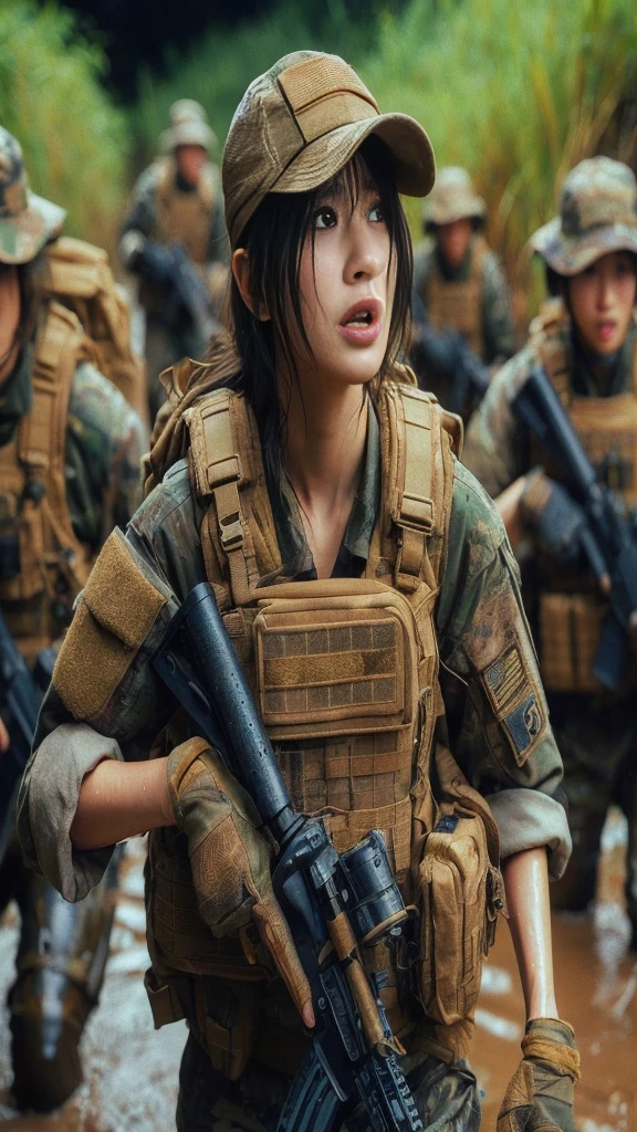 8k,Realistic Skin Texture、Superrealism、Realistic Photo、Japanese Women in the U.S. Army、Bulletproof vest、、Navigate the swamp as a team、Confused expression、backpack、cap、Heavy equipment、Dynamic action pose、A groundbreaking composition、Sweaty
