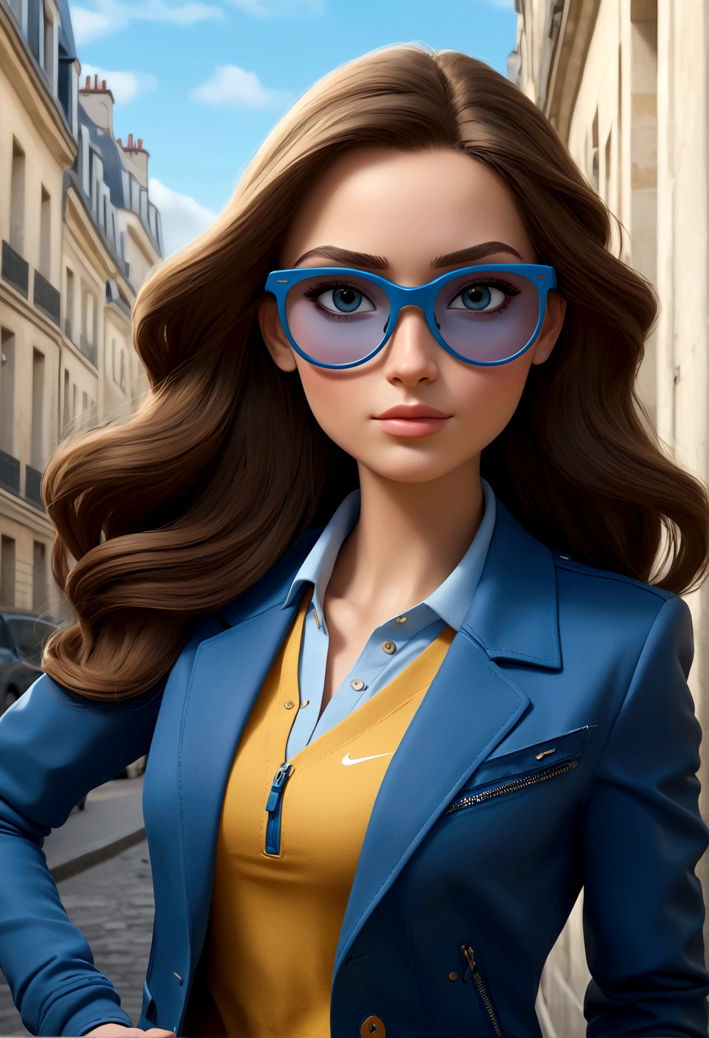 personnage 3D, une Femme caucasienne brune yeux bleus avec visage allongées et cheveux longs lisses avec mèche sur le côté droit, châtain foncé et reflet blond portant des lunettes de soleil sur la tête. Habillée avec Jean, veste tailleur bleu claire et caraco bleu, basket Nike air force 1. Fond ville de Paris 