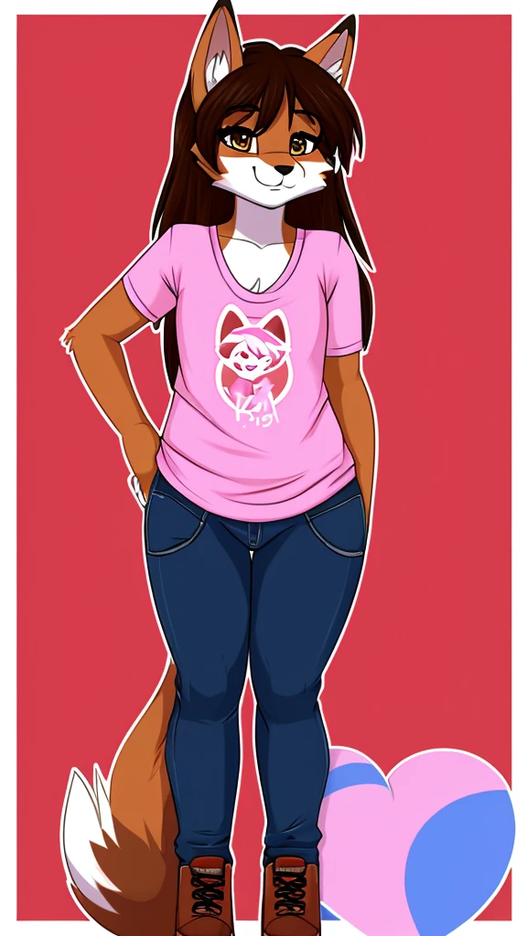 there is a draw image of a cotton candy wolf, shirt arm long red and pants black draw avatar, fursona, furry style, furry character, furry furaffinity, furry fursona, thicc, furry cute style, fursona!!!!, halfbody, fursona, cheap brown hair long girl, woman, Chest girl, backgrouned style colorful, transgender