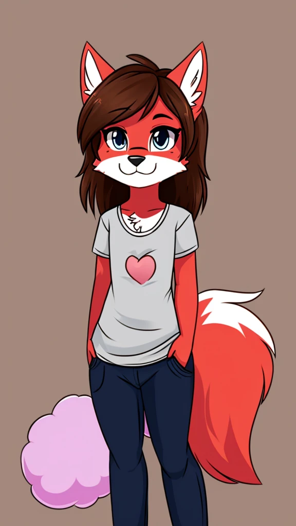 there is a draw image of a cotton candy wolf, shirt arm long red and pants black draw avatar, fursona, furry style, furry character, furry furaffinity, furry fursona, thicc, furry cute style, fursona!!!!, halfbody, fursona, cheap brown hair long girl, woman, Chest girl, backgrouned style colorful, transgender