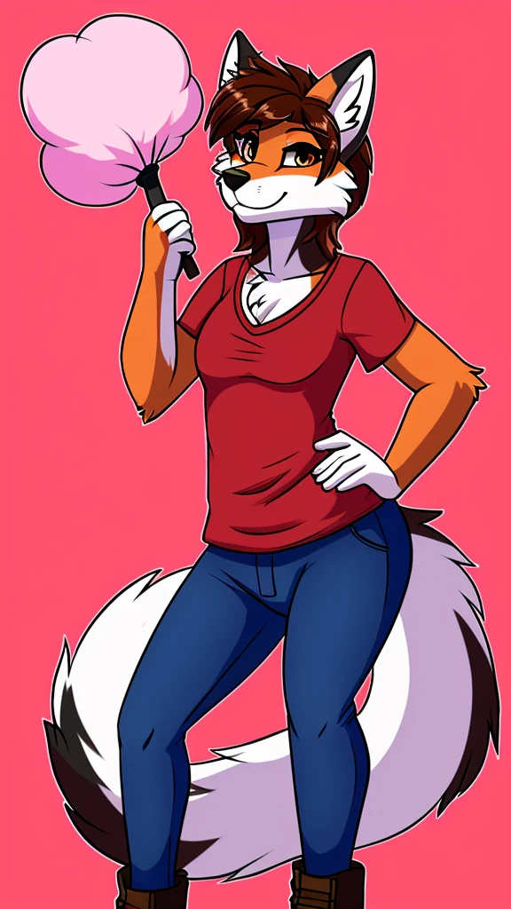 there is a draw image of a cotton candy wolf, shirt arm long red and pants black draw avatar, fursona, furry style, furry character, furry furaffinity, furry fursona, thicc, furry cute style, fursona!!!!, halfbody, fursona, cheap brown hair long girl, woman, Chest girl, backgrouned style colorful, transgender
