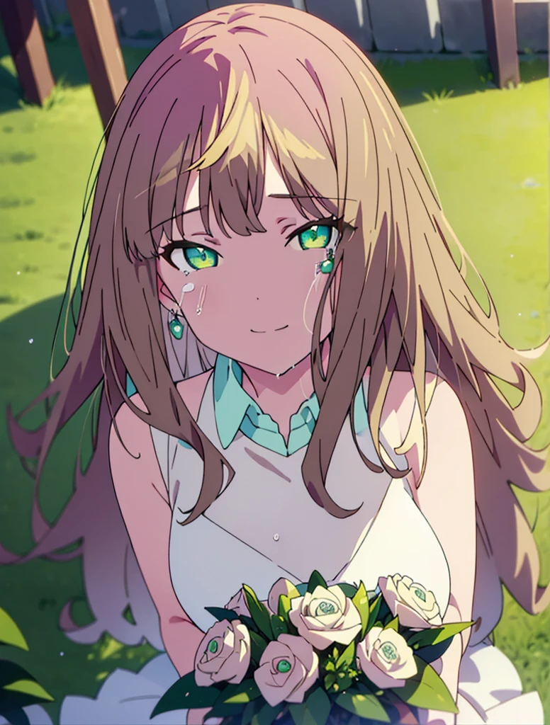 minami yume ,sss Dynazenon ,Long Hair, Brown Hair, (Green Eyes:1.5) ,smile,Wedding dress,Wedding Skirts,holding a large bouquet of flowers in both hands,Tears stream down her face,Tears of joy,I cry a lot,Stand Glass,
break outdoors, Association,Chapel,
break looking at viewer, whole body,(Cowboy Shot:1. 5) ,
break (masterpiece:1.2), Highest quality, High resolution, unity 8k wallpaper, (shape:0.8), (Beautiful and beautiful eyes:1.6), Highly detailed face, Perfect lighting, Highly detailed CG, (Perfect hands, Perfect Anatomy),