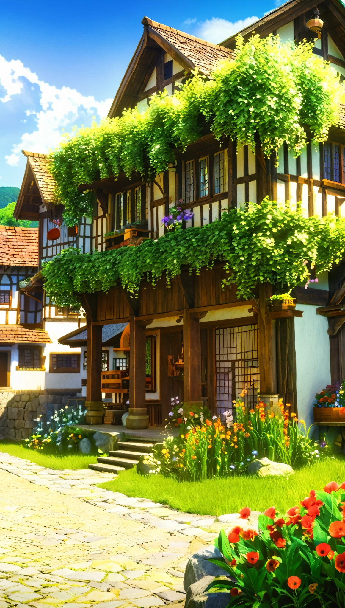 4K, Practical, Very detailed, Wide-angle lens, Humid medieval town, Energetic, Fantasy Plants, A big house, Shinkai Makoto style, Anime Background, Concept Art, (No characters appear), Practical lighting, Epic Composition, diffusion, (masterpiece, best quality), Ultra HD, 32K --v 6