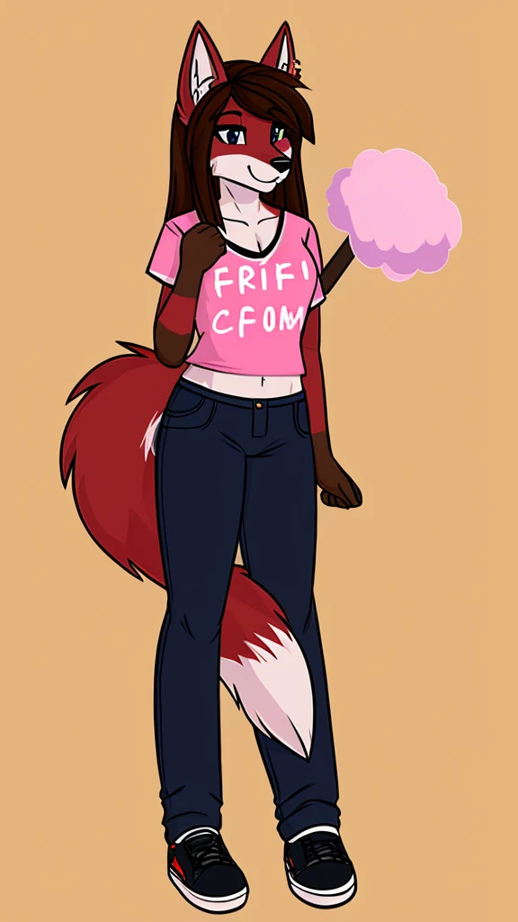 there is a draw image of a cotton candy wolf, shirt arm long red and pants black draw avatar, fursona, furry style, furry character, furry furaffinity, furry fursona, thicc, furry cute style, fursona!!!!, halfbody, fursona, cheap brown hair long girl, woman, Chest girl, backgrouned style colorful, transgender