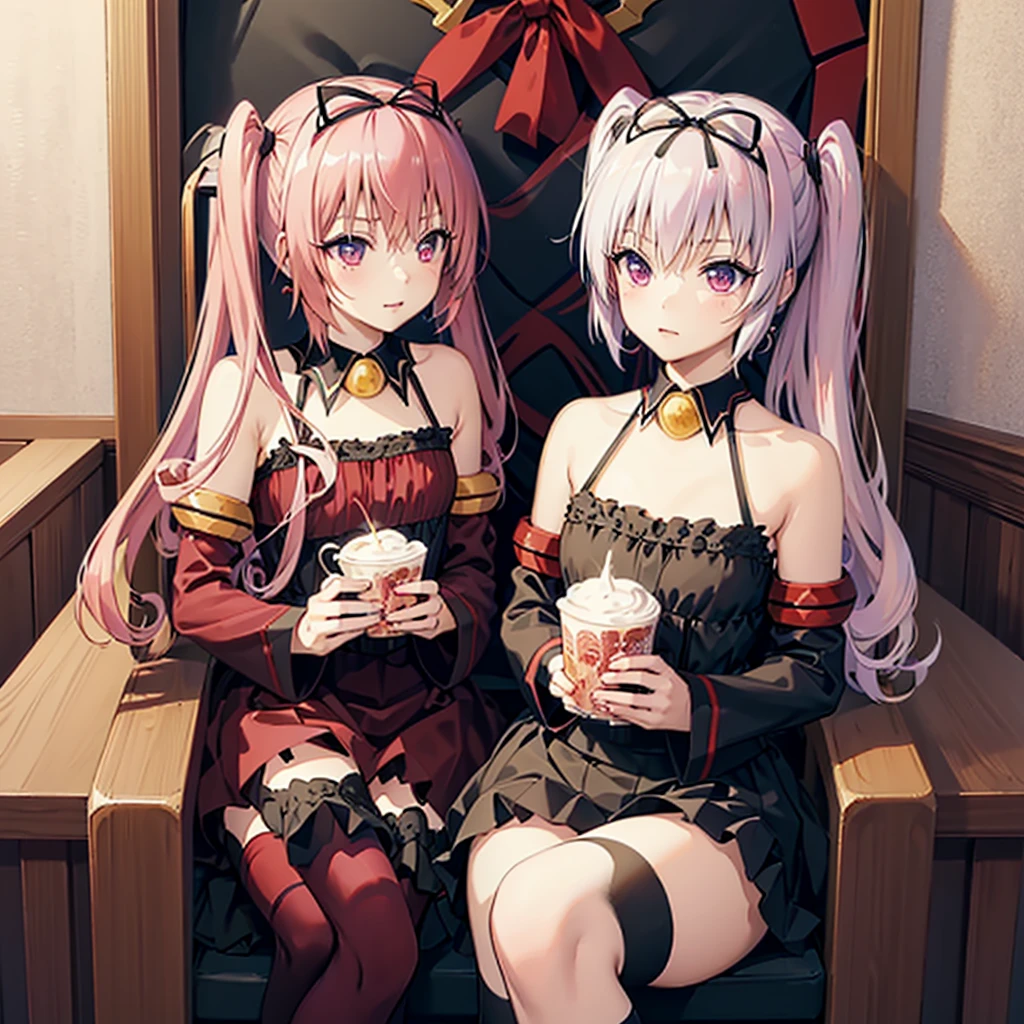 masterpiece, best quality, highres, aanana, long hair, twintails, hair ribbon, black ribbon, demon tail, detached collar, bare shoulders, red dress, multicolored clothes, detached sleeves, striped thighhighs, sitting, crossed legs, :), throne
