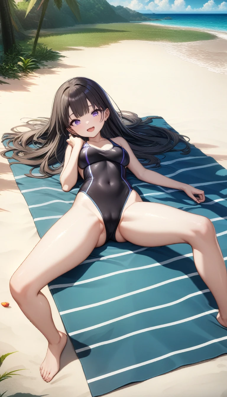 32k, best quality, ultra high res, HDR, UHD, extremely detailed CG, unity 32k wallpaper, very cute, , 1 person, Purple eyes, ((black competitive swimsuit)), Beach, black long hair, (large breasts), (Laugh shyly), ((Lie down on a picnic sheet)), (((Spread your legs wide))),
