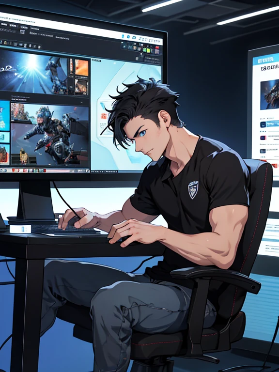 Best Quality: 1.0), (super high resolution: 1.0), animated boy, short black hair, Blue eyes, sitting in front of the computer playing games, background in e-sports hall,