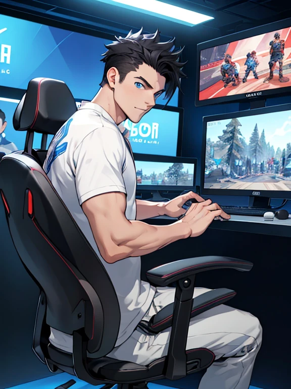 Best Quality: 1.0), (super high resolution: 1.0), animated boy, short black hair, Blue eyes, sitting in front of the computer playing games, background in e-sports hall,