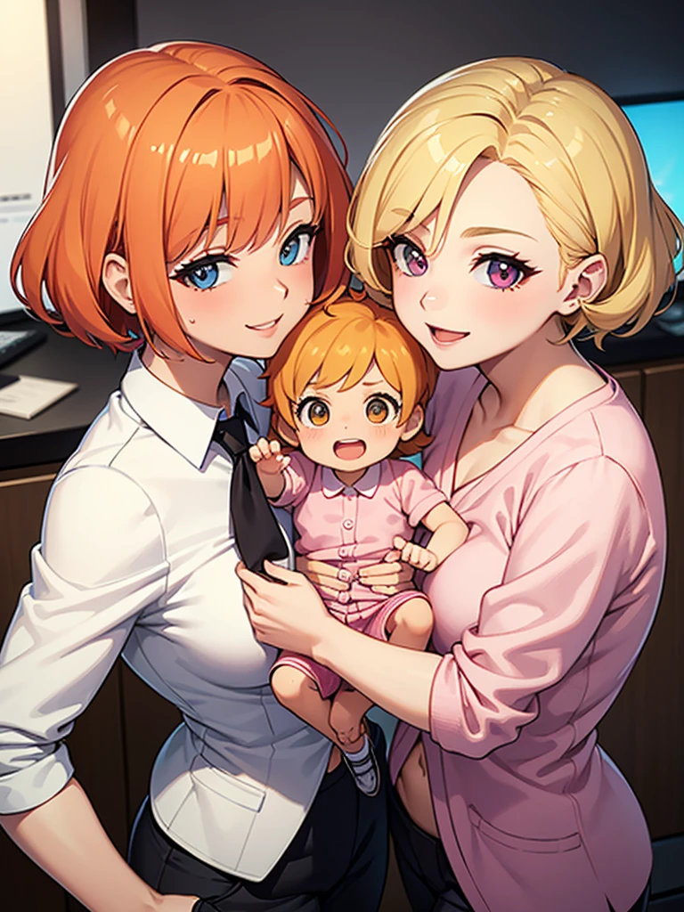 two sexy bubbly and cheerful women in office outfits holding small boy with blonde hair between them, women have short, vibrant orange hair with highlights of pink, flirtatious smile, looking at camera