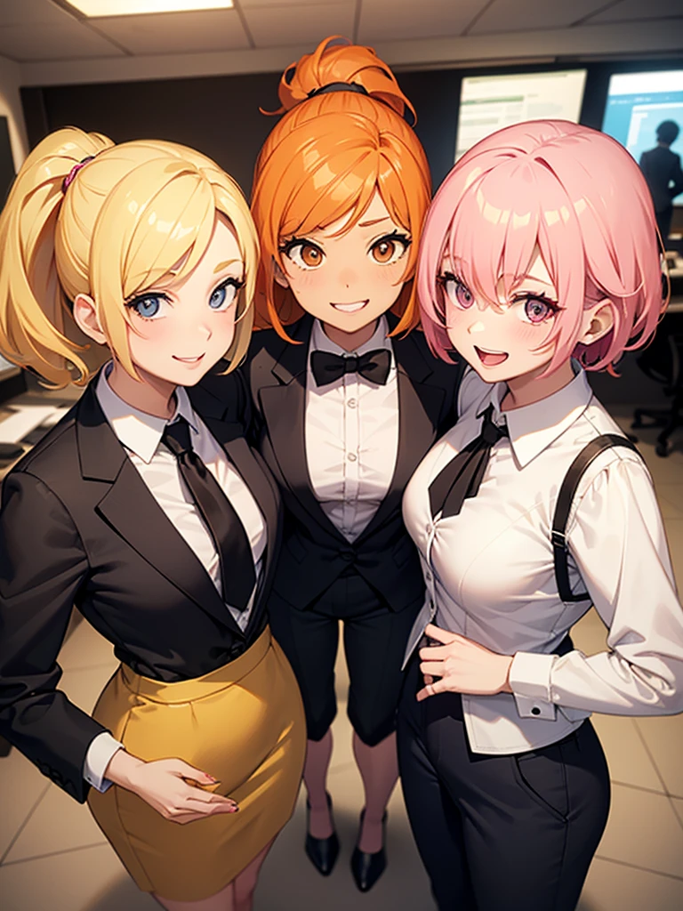 two sexy bubbly and cheerful women in office outfits holding  boy with blonde hair between them, women have short, vibrant orange hair with highlights of pink, flirtatious smile, looking at camera