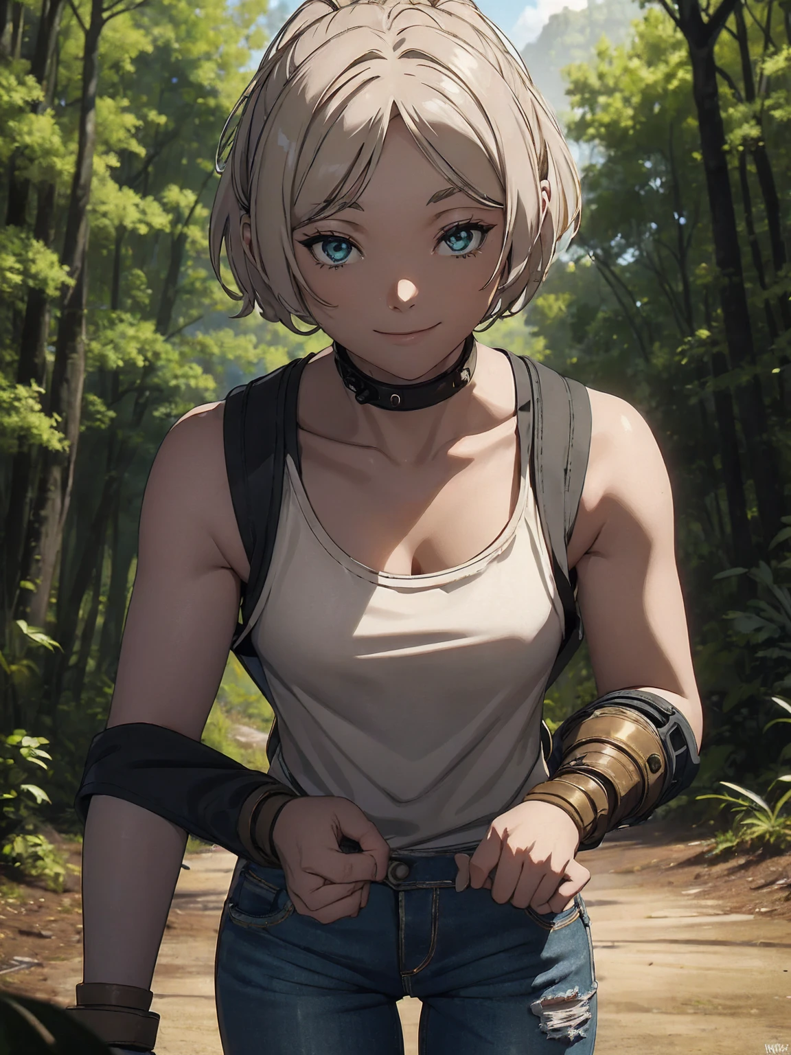 ((((masterpiece)))), high quality, very_high_resolution, large_filesize, full color, steam punk featuring a futuristic planet,, in a distant forest, bustling alien markets, and an off-road bike. The protagonist is a stunning upper body girl 1 person blonde short bob silver smile, mechanized arms. wearing a white tank top, distressed denim shorts, engineer boots, and riding the off-road bike.  beauty, blowjob