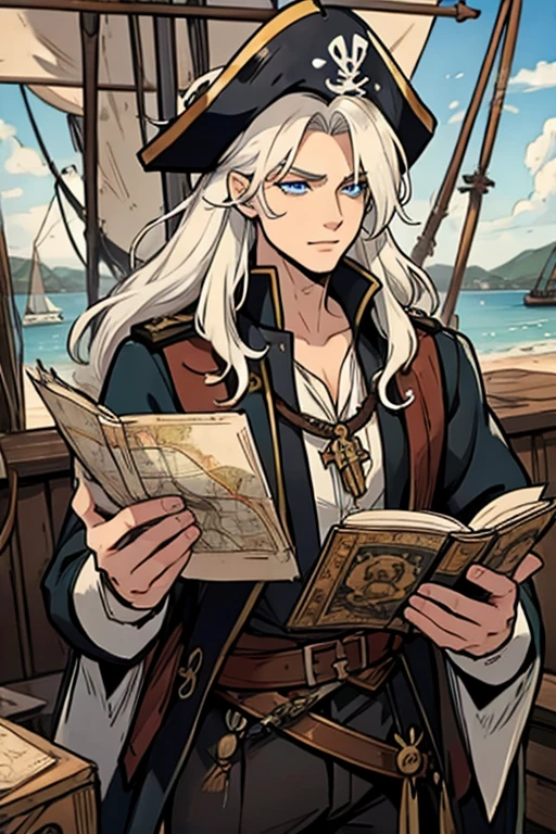A young white haired man with blue eyes and long hair in a pirate's outfit is reading a map on pirate ship