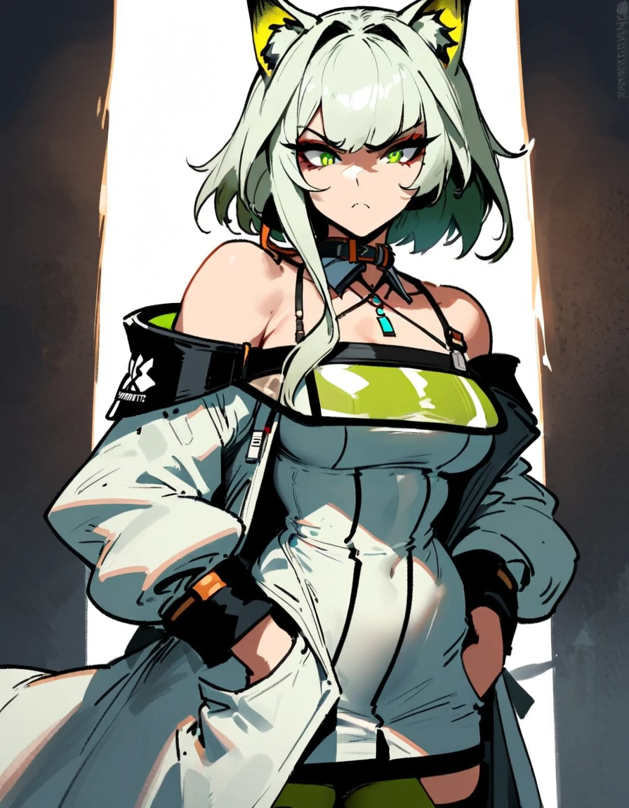 1girl, kal'tsit \(arknights\), arknights \\\\\ masterpiece, best quality, very aesthetic, absurdres, newest \\\\\\ slim body,///// ,by nyantcha,cutesexyrobutts , by khyle,,////// ,,,, , ,,detailed face, , ,, , , , , beautiful face, (white background:1.2), , , , serious.angry, green eyes, animal ears, , ,,,big in the center of the frame,,, ,wears a lab coat, hands in pockets, stockings, solo