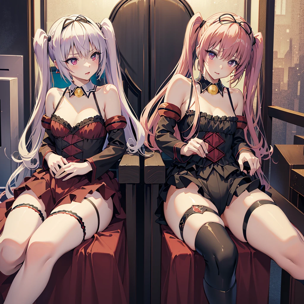 masterpiece, best quality, highres, aanana, long hair, twintails, hair ribbon, black ribbon, demon tail, detached collar, bare shoulders, red dress, multicolored clothes, detached sleeves, striped thighhighs, sitting, crossed legs, :), throne