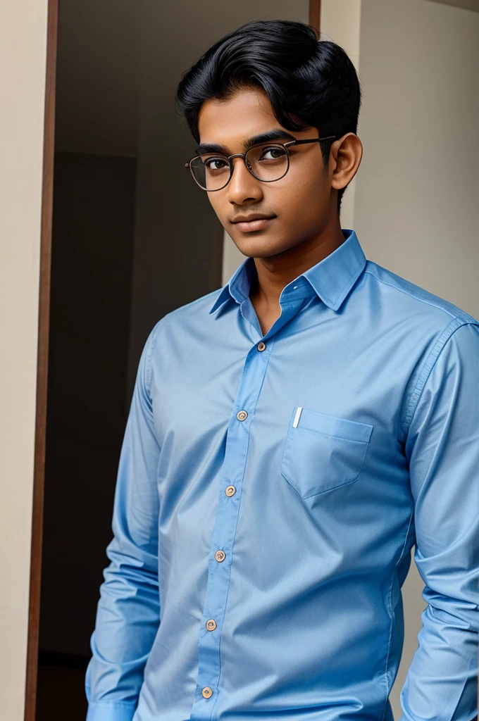 18 year old indian boy With fair skin Wearing spectacles and narrow body Posing for a linkedin picture in formals